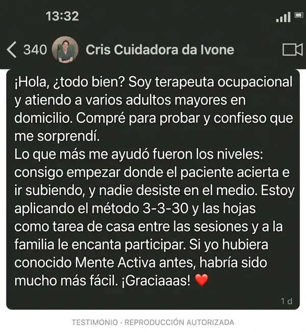 Testimonio de Cris, terapeuta ocupacional, sobre los niveles y el Método 3·3·30 en actividades con personas mayores.